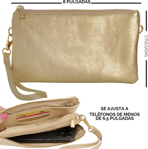 Miniatura 6 de Humble Chic bolsa pequeña de piel vegana, para usar cruzada o cartera con ajuste de pulsera, incluye hombro ajustable y correa para muñeca. Oro