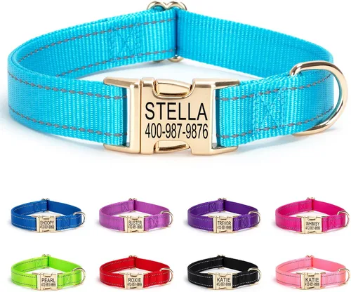 Miniatura 14 de Collar de perro personalizado con etiqueta de nombre, collar de nailon reflectante para mascotas, collares de perro con hebilla grabada Rosa