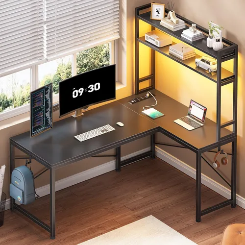 Miniatura 3 de SEDETA Escritorio para juegos en forma de L, escritorio esquinero pequeño reversible de 45.3 pulgadas con toma de corriente y luces LED, escritorio