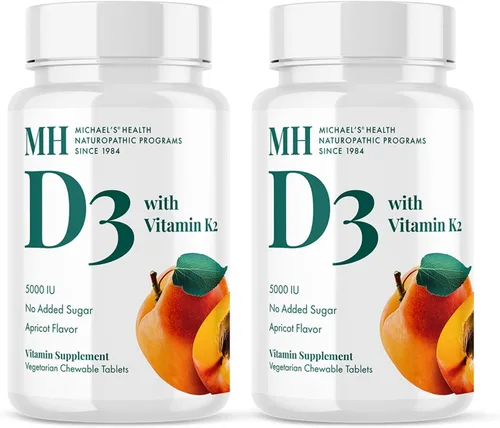 Miniatura 9 de Michael's Naturopathic Programs Vitamina D3 con K2-5000 IU, 90 tabletas masticables - Sabor a albaricoque, suplemento de apoyo del sistema