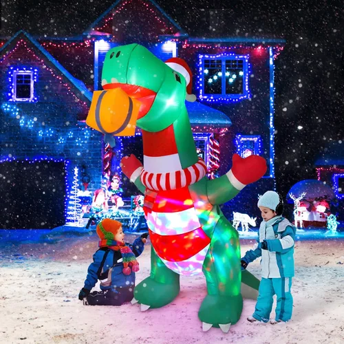 Miniatura 7 de Decoraciones inflables de Navidad de 8 pies para exteriores, dinosaurio inflable de patio con sombrero navideño y caja de regalo, luces LED