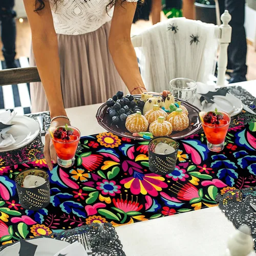Miniatura 8 de Caminos de mesa mexicanos para fiesta, altar del día de los muertos, decoraciones del día de los muertos, fiesta de flores 70.9 x 13 pulgadas