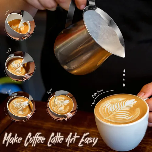 Miniatura 6 de Potchen Paquete de 6 cremas de campana de acero inoxidable de 3 onzas, mini jarras de leche para café con mango y tazas de boquilla para servir