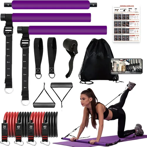 Miniatura 8 de Pilates bar kit Multiple Fitness bar with Resistance Bands, Ab Rollers.Core Strength Training Equipment. Squat Machine for Men and Women.Portable