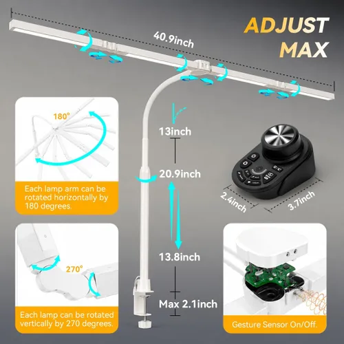 Miniatura 3 de Lámpara de escritorio LED ajustable con abrazadera, luz de escritorio CRI95+ de 4 cabezales, atenuación continua y control remoto de temperatura