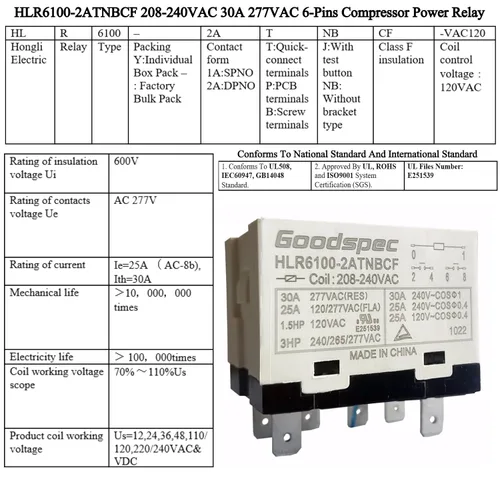 Miniatura 2 de Relé de potencia del compresor de 6 pines HLR6100-2ATNBCF 208-240VAC 30A 277VAC