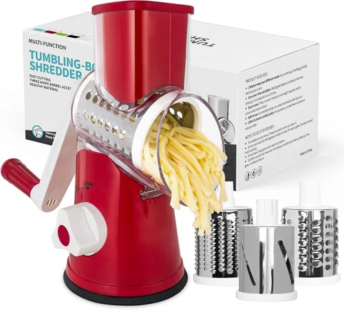Miniatura 16 de X Home Rallador de queso giratorio para cocina, triturador con 3 cuchillas intercambiables, rallador giratorio con mango y base de succión fuerte