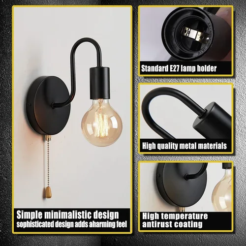 Miniatura 3 de Aplique de Pared Negro con Cadena de Tirar con Interruptor Luces de Pared Vintage E26 Lámpara de Pared Industrial Iluminación de Pared Retro