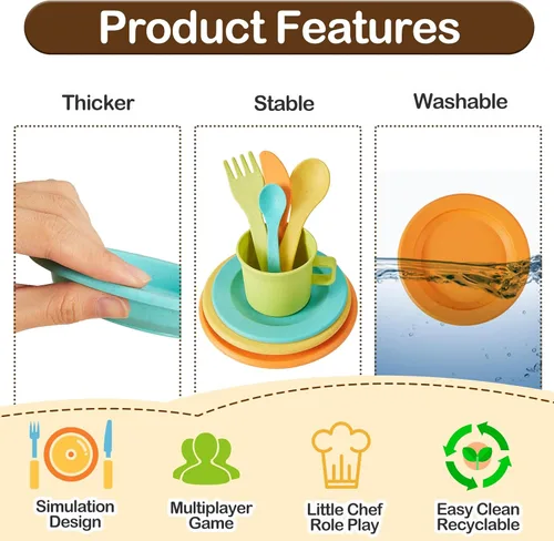 Miniatura 5 de BUYGER Accesorios de cocina para niños y juego de té para niños pequeños de 3 a 5 años, platos de juguete de cocina, utensilios, juego de vajilla