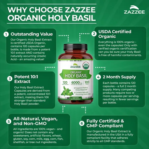 Miniatura 7 de Zazzee USDA Organic Holy Basil 10:1 Extracto, 120 cápsulas veganas, suministro para 4 meses, extracto de Tulsi, ácido ursólico, Ocimum Tenuiflorum