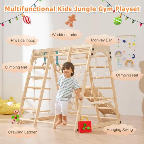 Miniatura 4 de Parque infantil 12 en 1: juego de escalada plegable para niños con tobogán, roca/red, barras de mono, tabla de dibujo, columpio y juego de pickler