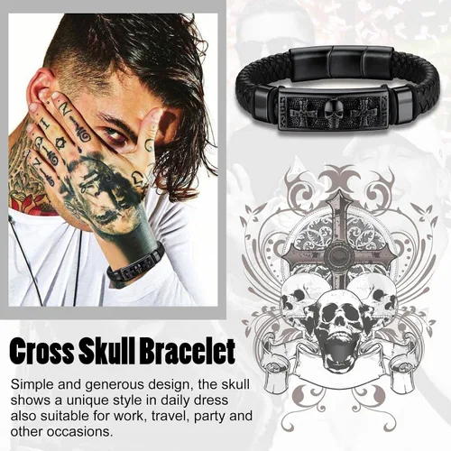 Miniatura 3 de Bestyle Pulseras vikingas trenzadas de cuero genuino para hombres y niños, pulseras vintage de martillo de Thorcalaveramasónico masón con cierre,