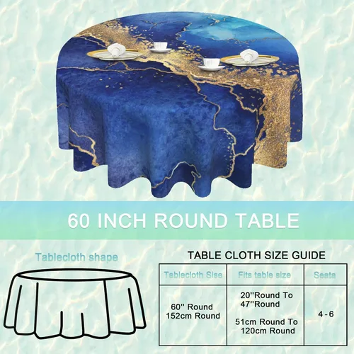 Miniatura 2 de Mantel redondo de mármol azul dorado de 60 pulgadas, mantel geométrico abstracto, impermeable, resistente a las manchas, a las arrugas, lavable