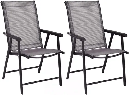 Miniatura 12 de Tangkula Juego de 2 sillas plegables para patio, sillas de comedor de tela para exteriores con respaldo alto y reposabrazos, marco de metal Negro