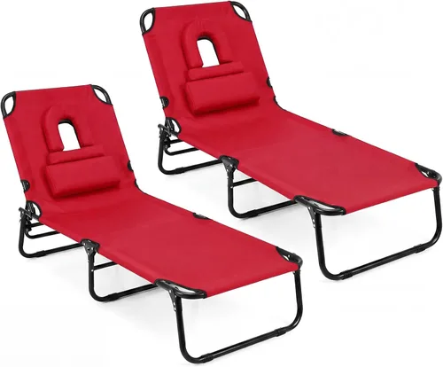 Miniatura 13 de GYMAX Silla de bronceado, silla de playa de 350 libras con agujero para la cara, almohada lavable y correa de transporte, tumbona plegable