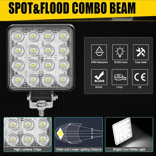 Miniatura 4 de Luces LED de trabajo para camión, 10 unidades de 4.5 pulgadas, cuadradas, de 12 V, 24 V, 48 W, 8000 lm, barra de luz todoterreno impermeable