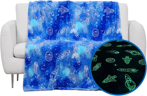 Wesan Manta de galaxia que brilla en la oscuridad, regalos espaciales para niños y niñas, espacio exterior, planetas, naves espaciales, astronomía,