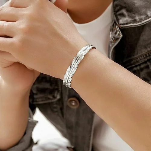 Miniatura 6 de Beccalame Silver Feather Bracelet Lucky Hope Cuff Jewelry Simple Retro For Women Men