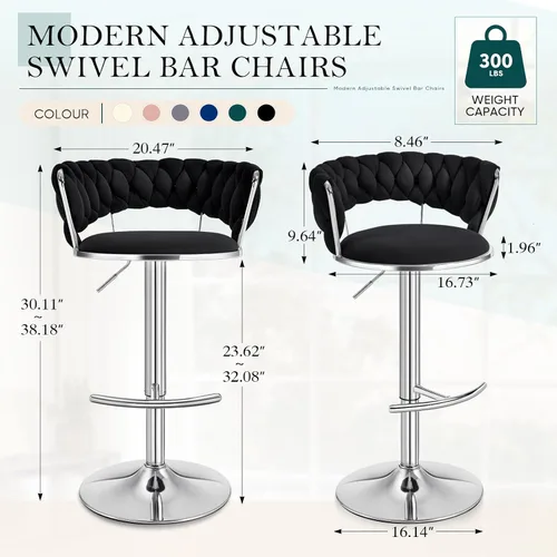 Miniatura 3 de Juego de 4 taburetes de bar de terciopelo dorado, taburetes de bar giratorios de 360° con respaldo, taburetes tapizados de altura ajustable