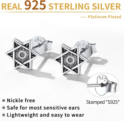Miniatura 5 de ChicSilver Pendientes retro de plata de ley 925 con estrella de Davidojo de Horus para mujeres, adolescentes y niñas, hipoalergénicos