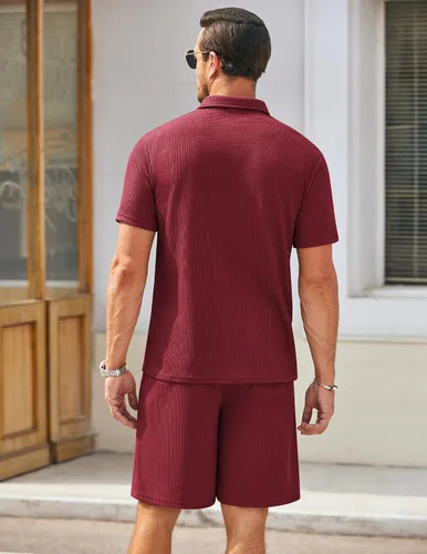 Miniatura 13 de COOFANDY Conjunto de camisa polo y pantalones cortos de punto gofre para hombre, conjunto de 2 piezas, traje de verano casual con bolsillos