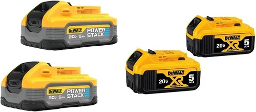 DEWALT Powerstack - Batería de 20 V Max, recargable, 5 Ah, iones de litio, paquete de 2 (DCBP520-2) y batería de 20 V MAX XR, 5 Ah, paquete de 2