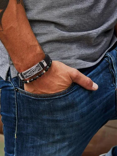 Miniatura 2 de Bandmax Pulsera trenzada de cuero negro para hombre con colgante gótico punk, pulsera de cuero con hebilla de acero inoxidable, paquete de regalo