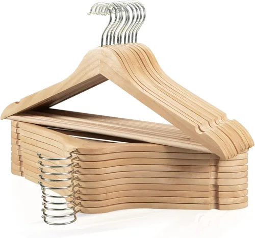 Edergoo Paquete de 20 perchas de madera duraderas con gancho giratorio de 360° y muescas, percha delgada de madera para armario, color natural