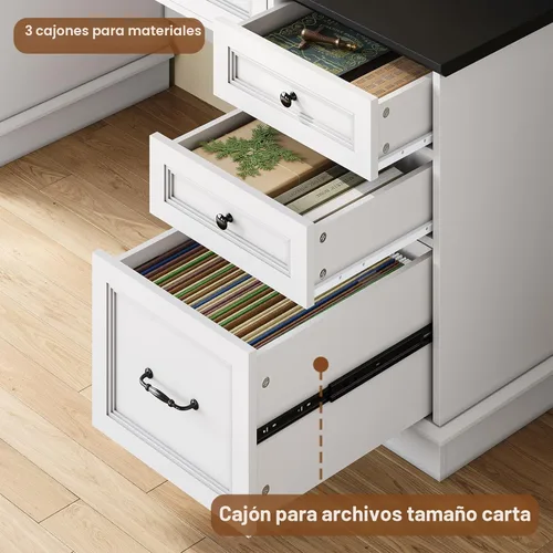 Miniatura 6 de HAUOMS - Escritorio ejecutivo de estilo granja con cajones, escritorio para ordenador con cajones de archivo, toma de corriente y luces LED