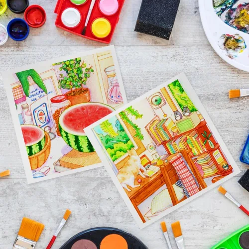 Miniatura 6 de Cuaderno de bocetos de acuarela de 3.9x3.9 pulgadas, 20 hojas de 300 GSM (140 lb) Papeles de dibujo de arte texturizados de grano fino desgarrables