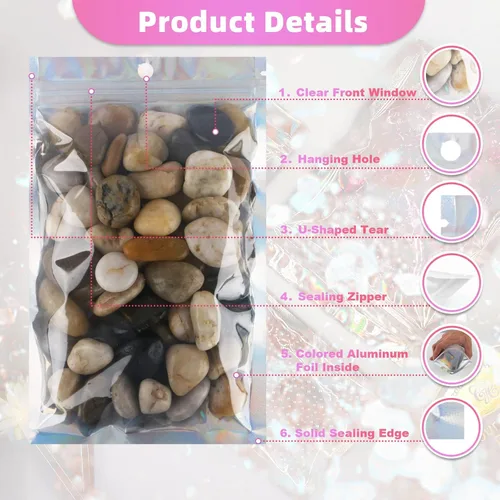 Miniatura 4 de Paquete de 100 bolsas de Mylar con ventana transparente, holográficas, a prueba de olores, para pequeñas empresas, bolsas resellables