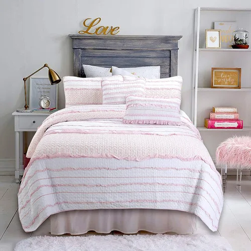 Miniatura 26 de Cozy Line Home Fashions Juego de ropa de cama acolchado reversible de niña con volantes rosa claro y azul de 100% algodón, colcha, cubrecama