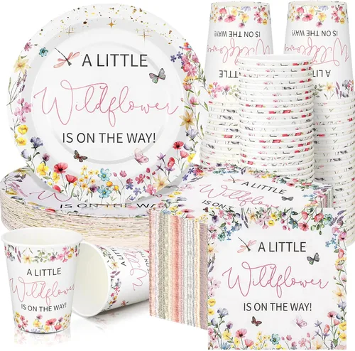 Miniatura 28 de Hushee 200 piezas de platos de papel, servilletas y vasos florales para baby shower, juego de vajilla para fiesta de baby shower, vasos y Rosa