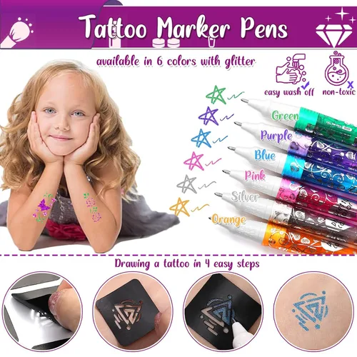 Miniatura 5 de TEUVO Kit de tatuaje con purpurina para niños con 25 colores, 225 plantillas, 6 bolígrafos, 2 hojas de diamantes de imitación, 5 pinceles, 3