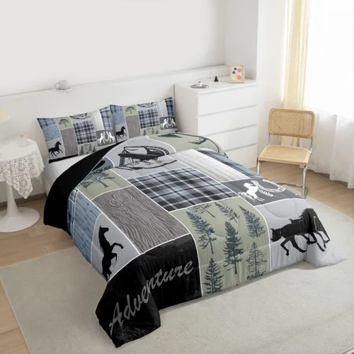 Miniatura 66 de Juego de edredón de oso y ciervo, tamaño individual, ropa de cama de animales salvajes de caza, colcha rústica de cabaña, casa de campo, cuadros