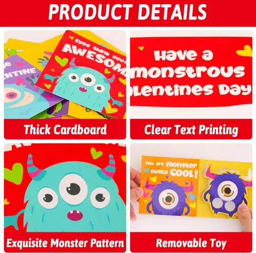Miniatura 3 de Paquete de 36 tarjetas de marionetas de dedo de monstruo para el día de San Valentín para niños, tarjetas de regalo de San Valentín con sobres