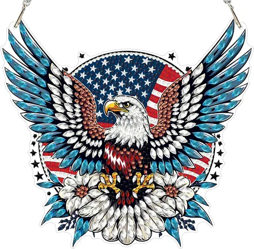 Miniatura 26 de MXJSUA Atrapasoles con pintura de diamante de águila calva americana, kits de arte de diamantes para adultos, adornos colgantes con cadena
