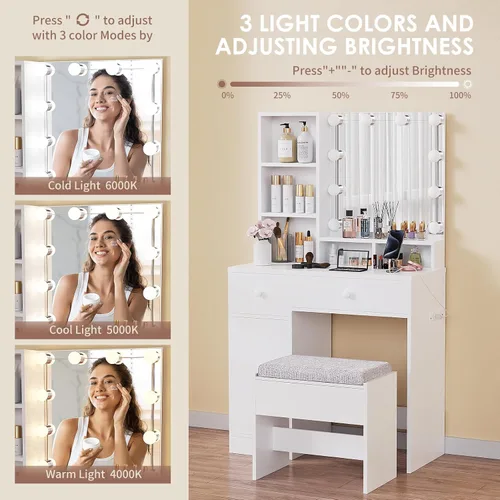 Miniatura 3 de Escritorio de tocador con espejo, luces y tira de corriente, tocador pequeño para espacios pequeños, mesa de maquillaje moderna con 4 cajones