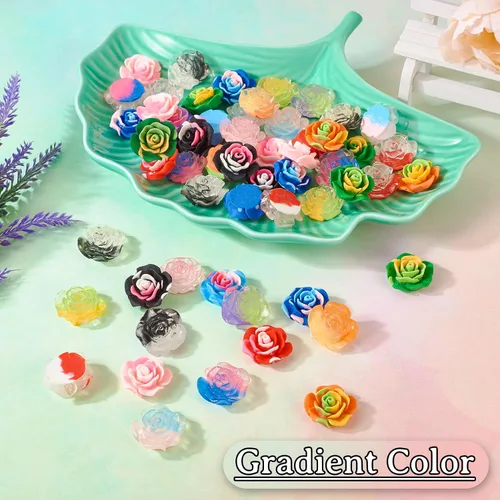 Miniatura 9 de Craftdady 75 cabujones de resina que brillan en la oscuridad, 15 estilos de cuentas de flores con parte trasera plana, adornos florales sin