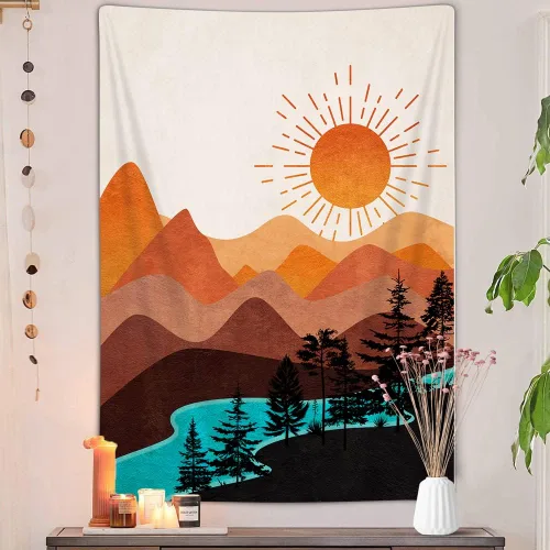 Miniatura 2 de DYNH Tapiz vertical bohemio de montaña, bosque natural, árbol, lago, sol, tapiz bohemio minimalista de mediados de siglo, tapiz para colgar