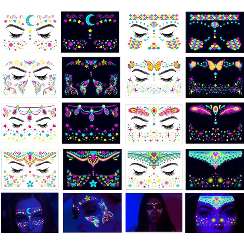 Tatuajes faciales de neón que brillan en la oscuridad, tatuajes temporales con luz negra UV, calcomanías para cuerpo, cara, flores, tatuaje de