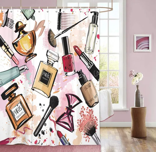 Miniatura 12 de JAWO Cortinas de ducha cosméticas para mujer y niña, elegante perfume de acuarela y lápiz labial, juego de cortinas de baño de tela con ganchos, Azul