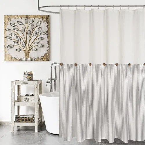 Miniatura 36 de DOSLY IDÉES Cortina de ducha de casa de campo, rayas beige y gris, cortina con botones, tela tejida de lino y algodón, estilo rústico con encanto