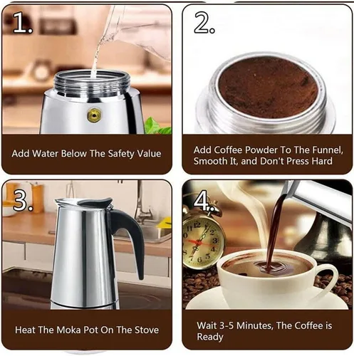 Miniatura 7 de Cafetera eléctrica del percolador, olla de mesa de café espresso de fondo ancho de acero inoxidable (3.4 fl oz)