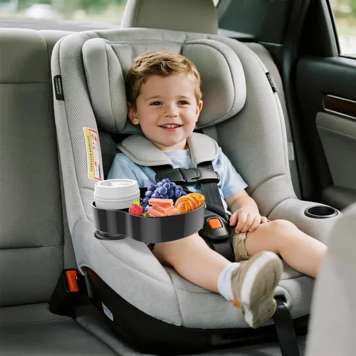 Miniatura 7 de Bandeja de asiento de automóvil para niños, bandeja de viaje con portavasos para niños pequeños, organizador de alimentos para asiento de automóvil
