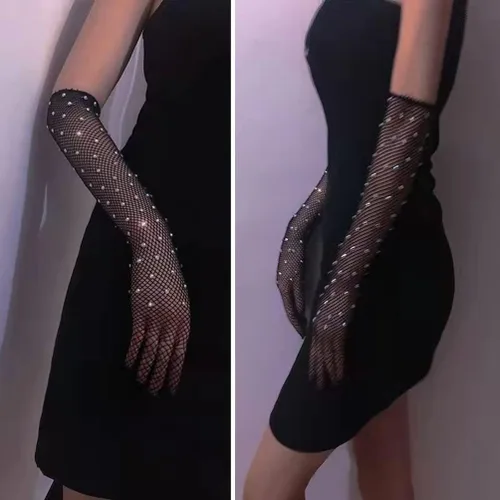 Miniatura 2 de Guantes de malla para mujer, guantes largos negros, guantes de encaje sexy, guantes de fiesta, guantes sin dedos, guantes de Halloween, disfraces