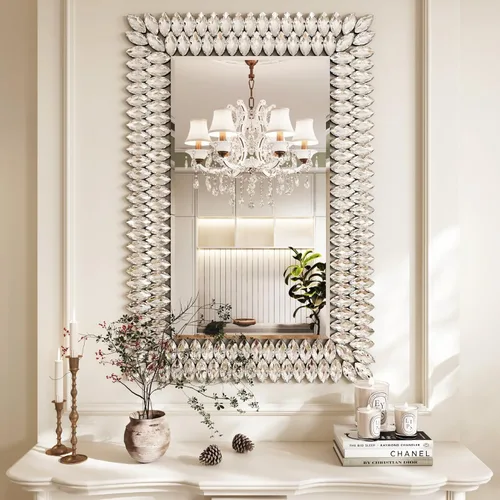 Miniatura 9 de Kelly Miller Espejo redondo con joyas para decoración de pared, espejo de pared decorativo moderno de 26 pulgadas con diamantes de lujo, espejo