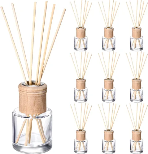Miniatura 14 de Roshtia Juego de 2 botellas difusoras de varillas vacías recargables con fragancias de vidrio con tapas de madera, varillas de 1.7 onzas, tarros