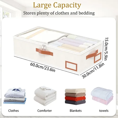 Miniatura 4 de Yawinhe Almacenamiento debajo de la cama, paquete de 2 organizadores de armario, bolsas plegables para contenedores, con ranura para tarjeta de Beige