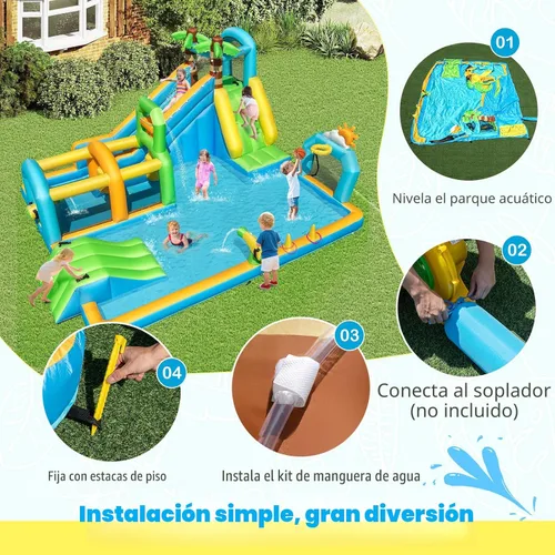 Miniatura 5 de BOUNTECH Parque inflable de tobogán acuático, castillo hinchable de tobogán acuático 9 en 1 con piscina grande, carrera de obstáculos, tobogán